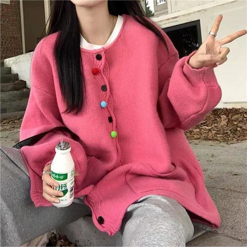 Large Color Wool Ball Knitted Cardigan for Women In Autumn and Winter, Retro Loose and Slimming Design, Sweater Jacket