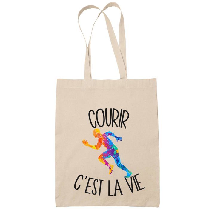 Tote bag - PLANETEE - Tote bag « courir c'est la vie » - Coton imprimé en France - Grande contenance - Anses solides