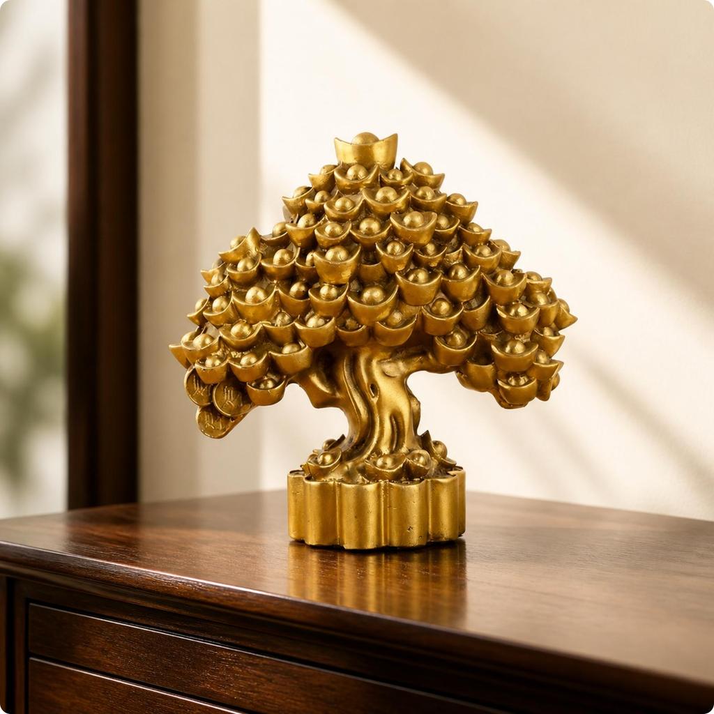 Golden Brass Tree Prosperity-Themed, Money Tree, Gold-Toned, Decor, for