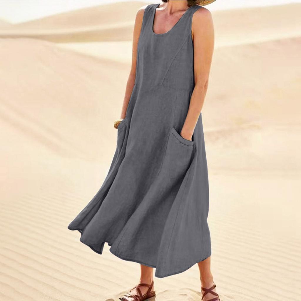 Women's Fashion Casual Colour Sleeveless Cotton Linen Pocket Dress