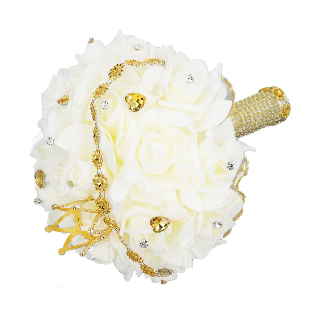 Buquê de Casamento com Coroa 10,6 Polegadas PU Renda Cetim Noiva Dama de Honra Flor Artificial Buquê de Mão