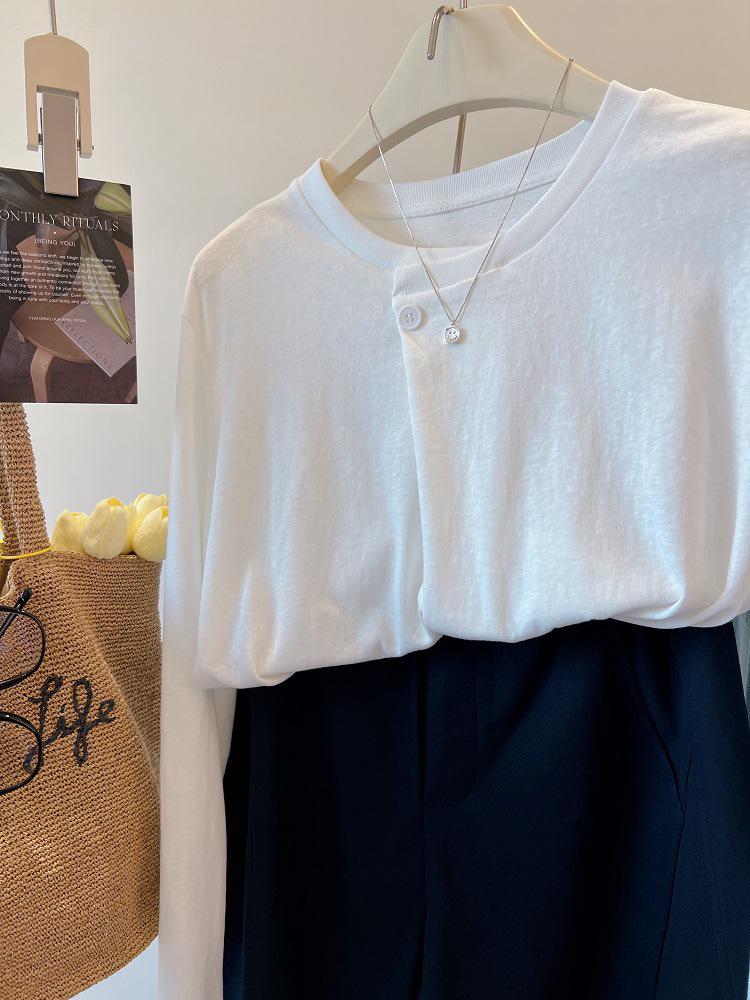 Cross-Season Pure Cotton Korean Double Gauze Long Sleeve T-Shirt for Women - Early Autumn Button Design