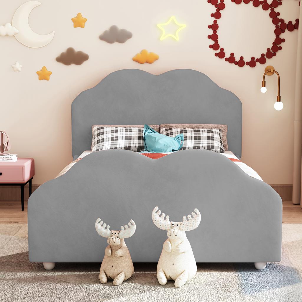 Upholstered Bed Kids Bed 90 x 200 cm High Railing Kids Bed Frame with Cloud-Shaped Headboard and Footboard. Single Bed in Skin-Friendly Velvet Grey