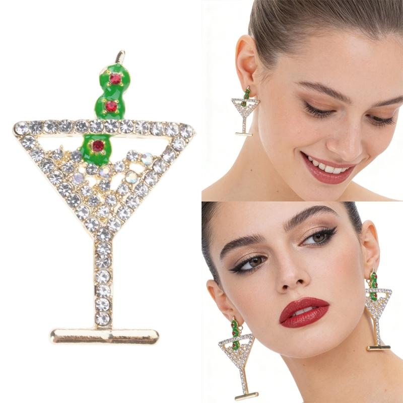 Clovers Earrings Featuring Diamonds Studs and Wine Glass Designs for Festive Luck Celebration Geometric Art
