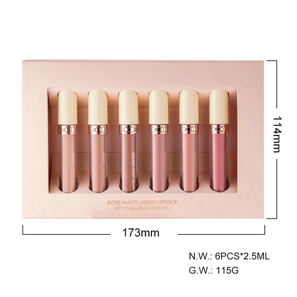 HANDAIYAN 6Pcs Rose Matte Liquid Lipstick Set Waterproof Non Stick Long Lasting Lip Gloss Lip Makeup