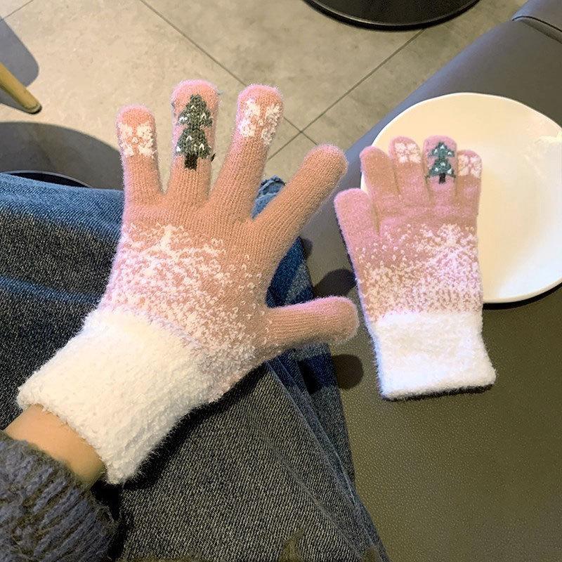Cute Christmas red dew finger plush knitted five-finger women's plush thick cold-proof riding