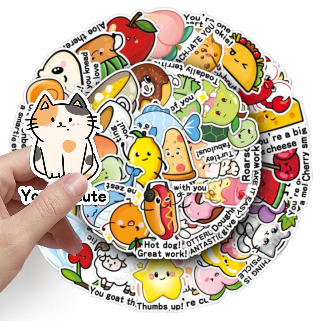 50-Piece Original English Reward Stickers - Hand-Drawn Non-Infringing Cute Cartoon Playful Decals for Stationery, Water Bottles