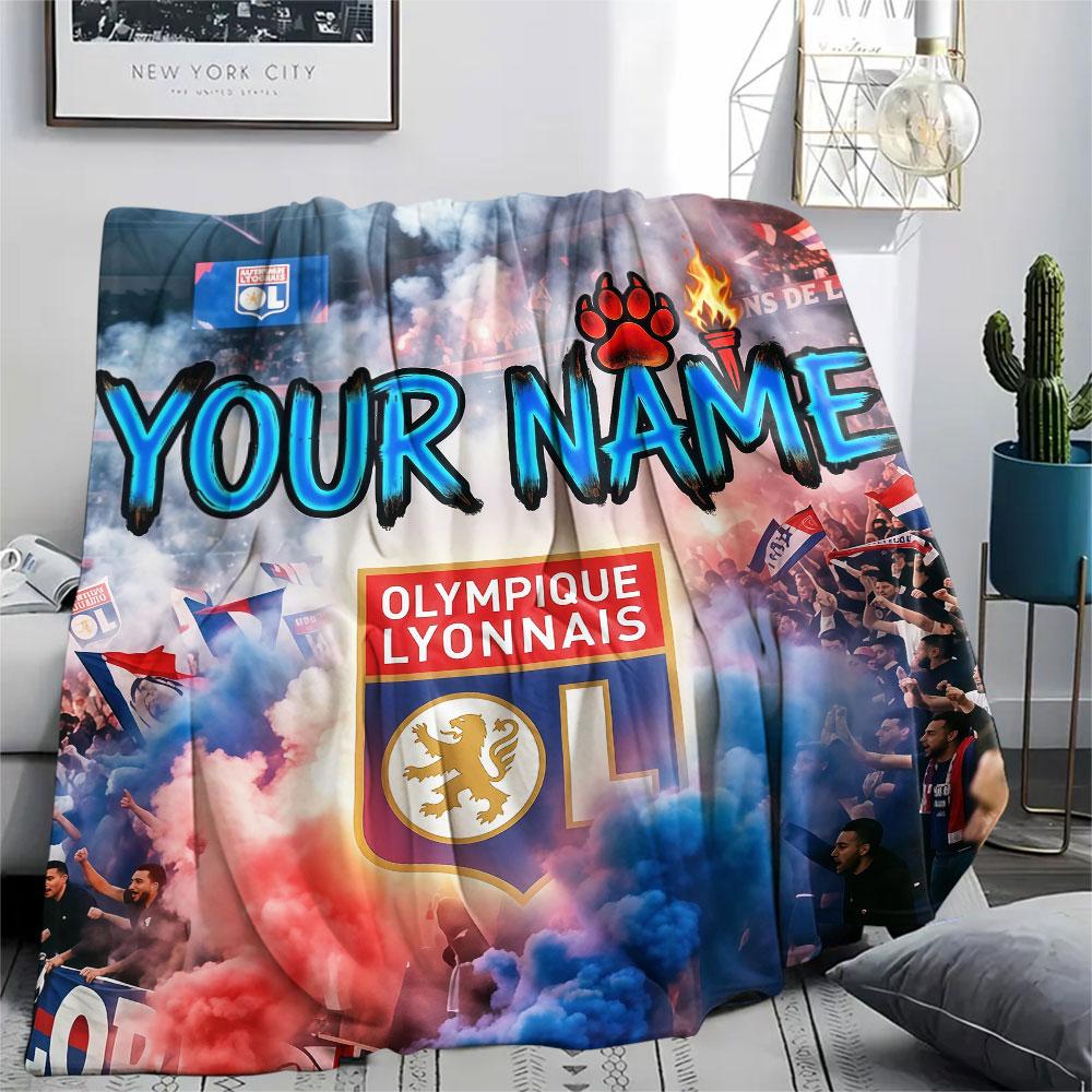 Custom Name,Olympique Lyonnais Printed Flannel Blanket, soft throw for bedroom sofa, washable, Christmas present, great gift.