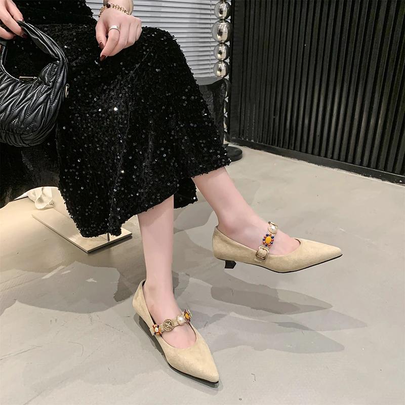 Fashion 2025 New Fashion Retro Women  Metal Heels Shallow Mouth Luxury Pumps Mary Jane Sandals Ladies Metalic Fashion Latest Low Velvet