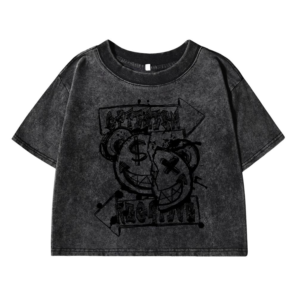 Bad Laughing Bear Printing Women Washed Short T-Shirt Soft Casual  Street Distress T Shirts Sports Breathable Tshirt