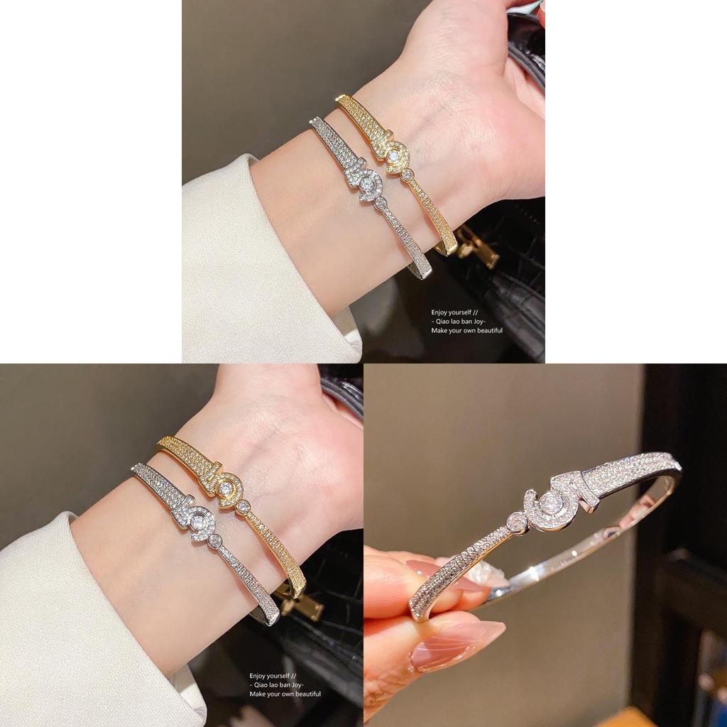 18k Gold Plated Zircon Round Open Cuff Bracelet For Elegant Women