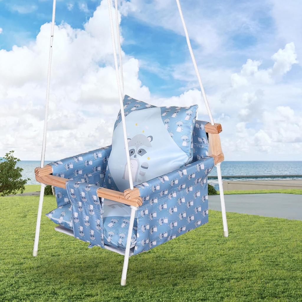 Swing for Kids, Baby Swing Hanging Indoor Outdoor, Kids Wooden Swing, Baby Garden Swing, Jhula for Kids with 2 Pillow (Blue Fox)