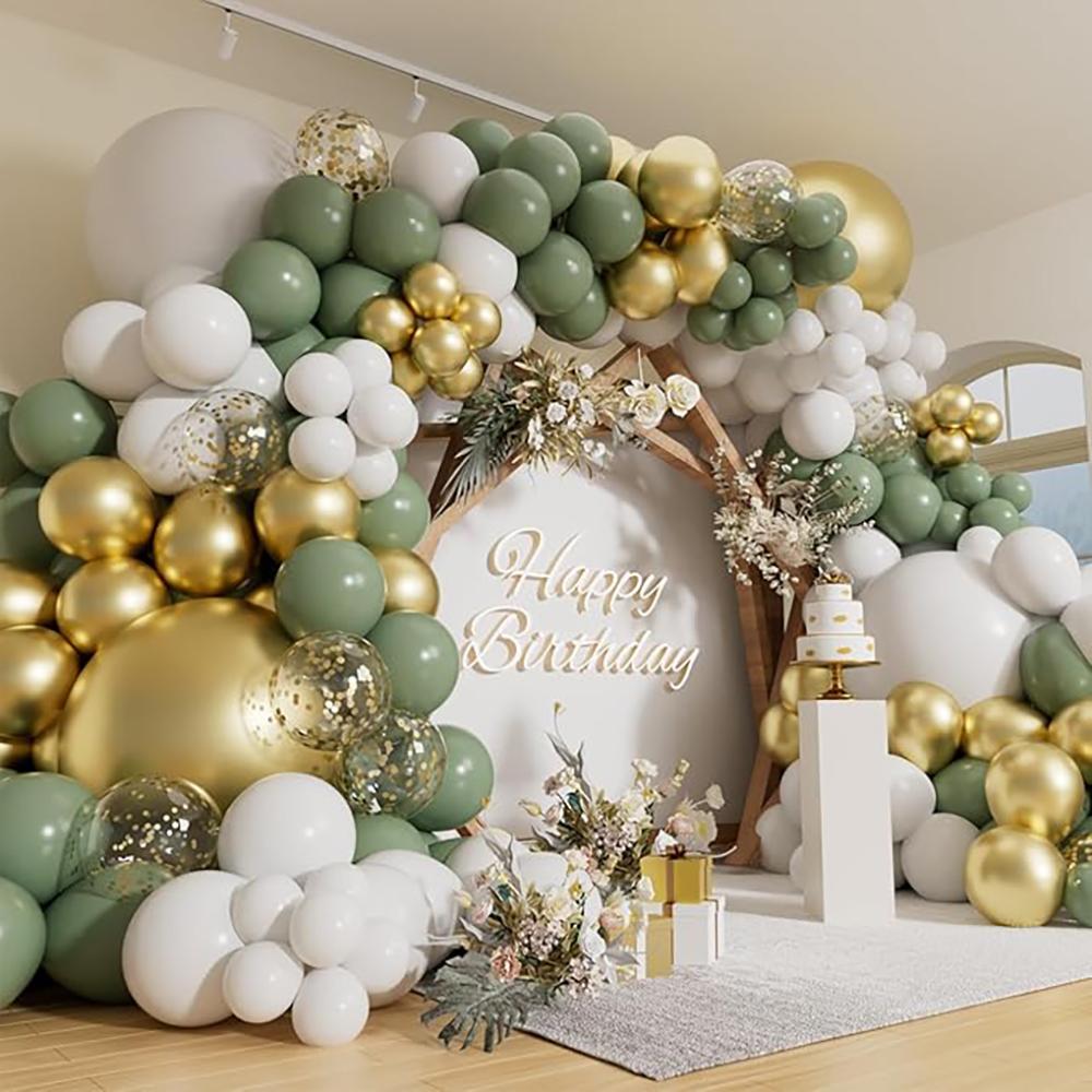 Sage Green Balloons Garland White Gold Confetti Latex Balloon Arch Kit Baby Shower Kids Birthday Party Wedding Decoration Globos