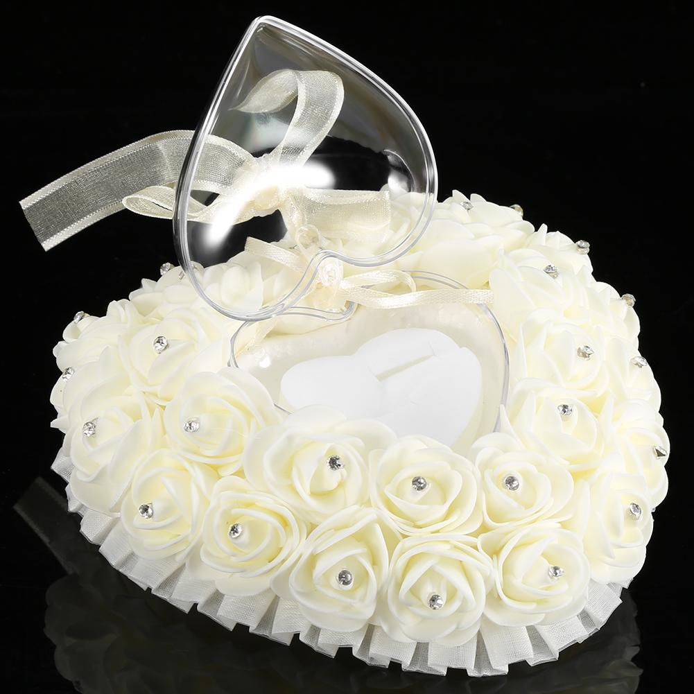 Boîte de Mariage Romantique en Forme de Cœur Décorée de Strass Coussin(blanc)
