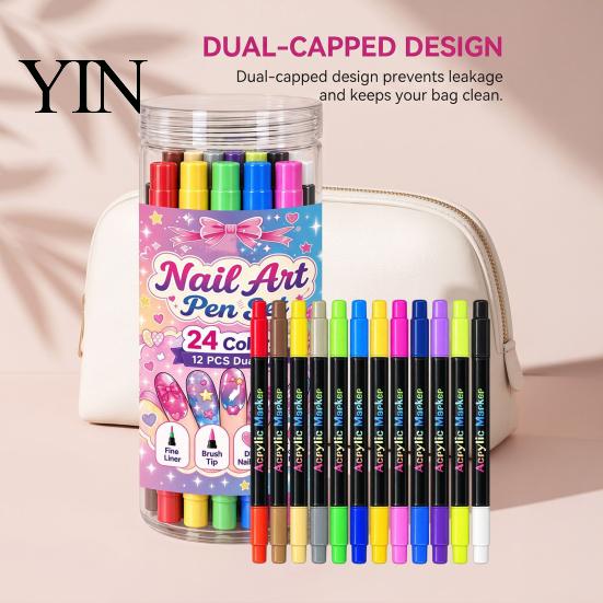 Creative Nail Art Accessories 12Pcs Dual Ended Pens Set, 24 Colors Markers with Double Brush Tips, Acrylic Quick Dry Water-Based Drawing Pen