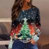 Women's Fashion Casual Slit Hem Round Neck Long Sleeve Loose Christmas Printed T-Shirt Ladies Top