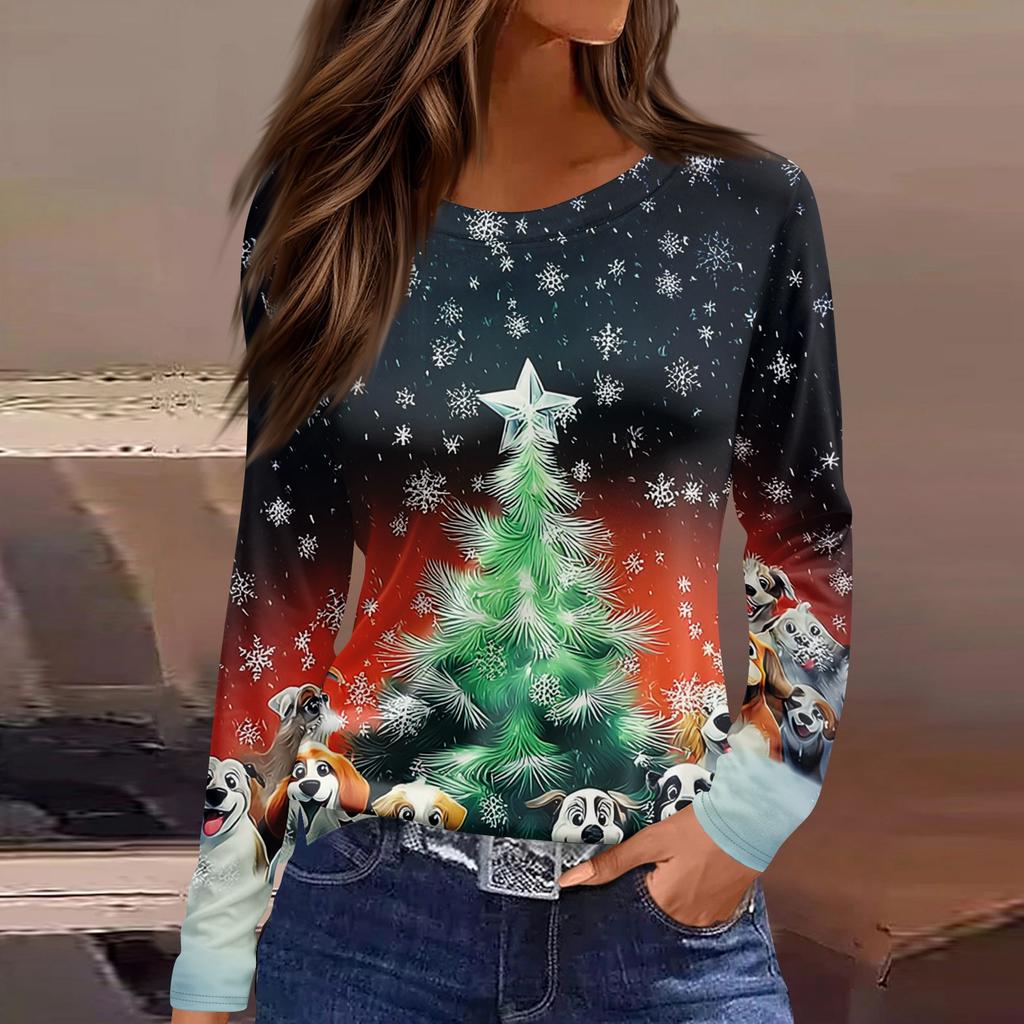 Women's Fashion Casual Slit Hem Round Neck Long Sleeve Loose Christmas Printed T-Shirt Ladies Top