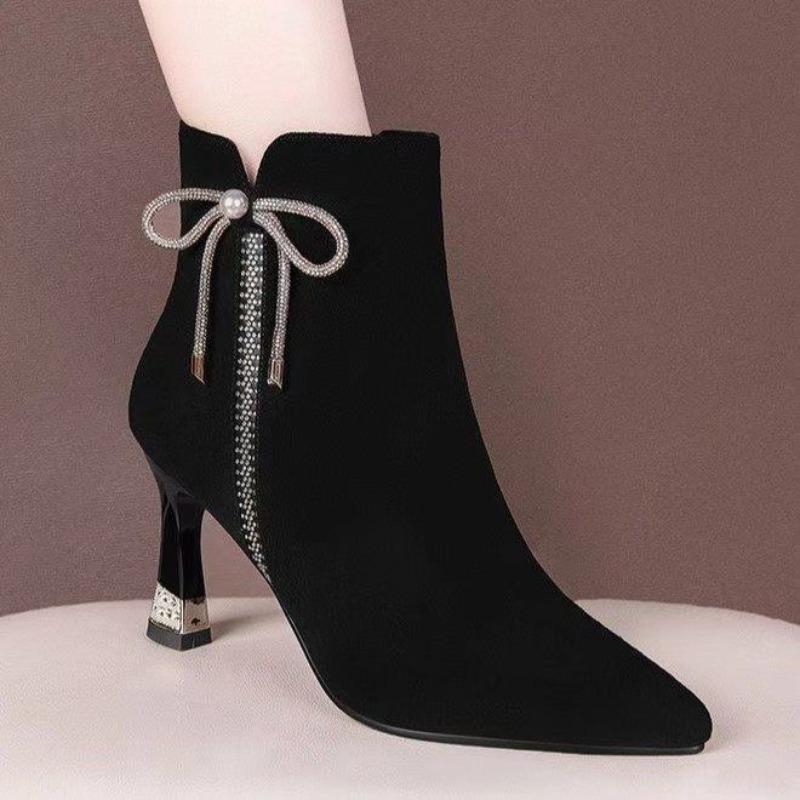 Fashion Black Elegant with Medium Heels Booties Autumn Winter Bow Ankle Boots for Women Pointed Toe Woman Short Shoes Chic Goth Footwear