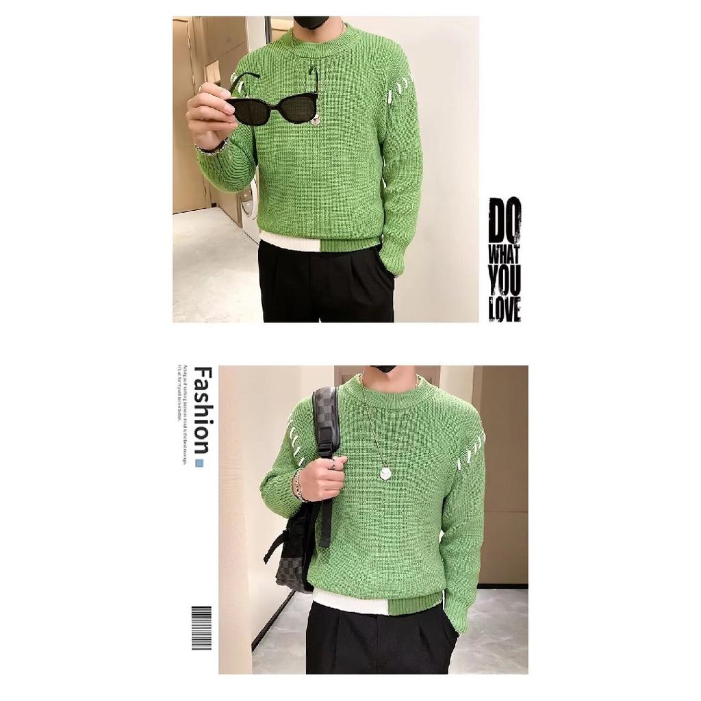 Spring 2024 Men's Sweater Patchwork Assorted Colors Skin-Friendly Fabric Fashion Versatile Top Casual Long-Sleeved Bottoming Shirt