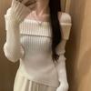 Women's Square Neck Knitted Sweater Autumn Winter Slim Knitted Base Layer Long Sleeve Pullover Irregular Knit Top
