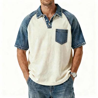 Men's Denim Patchwork Shirt, Casual Short-sleeved Comfortable T-shirt, Fashionable For Spring And Summer.