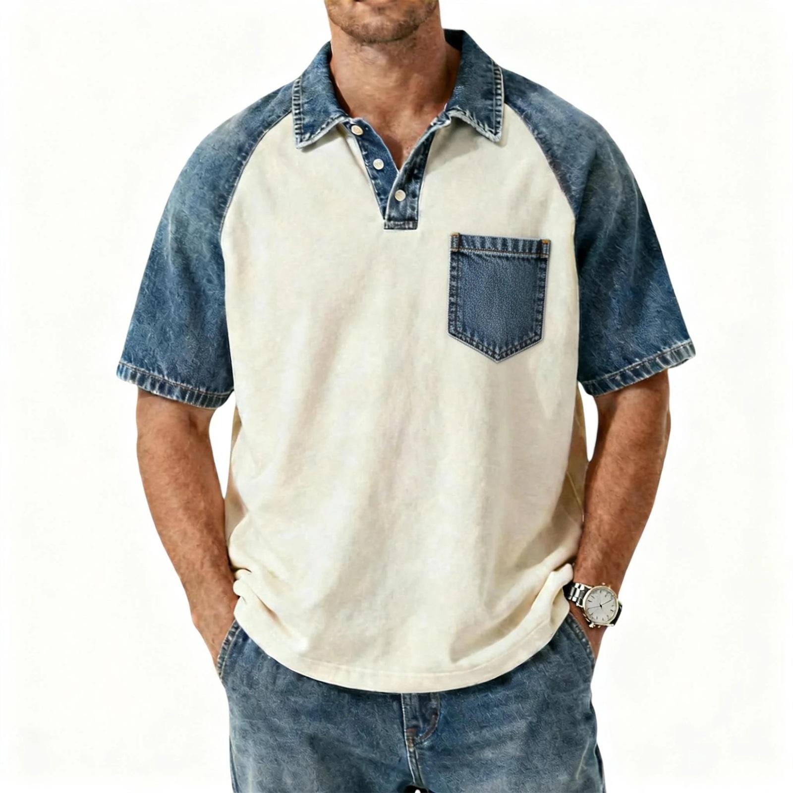 

Men s Denim Patchwork Shirt, Casual Short-sleeved Comfortable T-shirt, Fashionable For Spring And Summer. XL синій