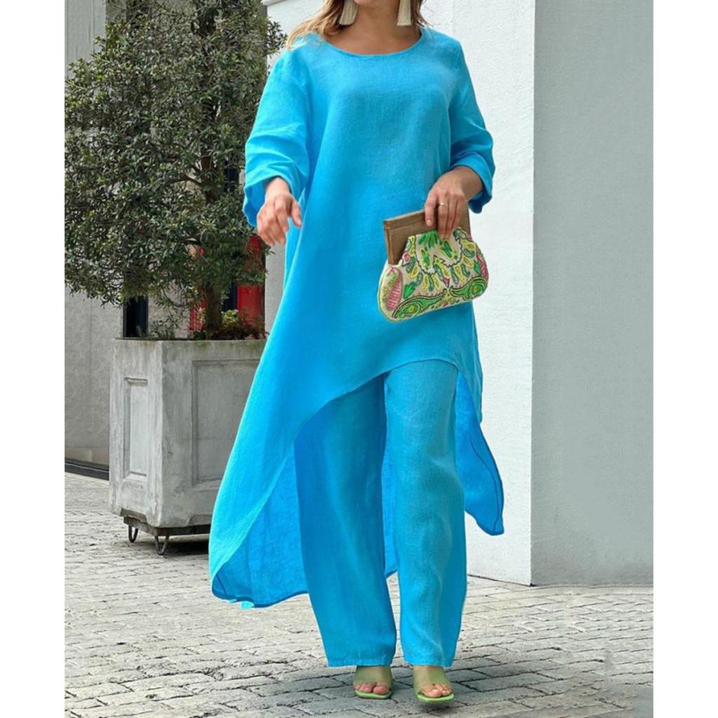 Women's Round Neck Three Quarter Sleeve Irregular Long Tunic Top High Waist Wide Leg Pants Two Piece Linen Set Casual Beach Vacation Outfit