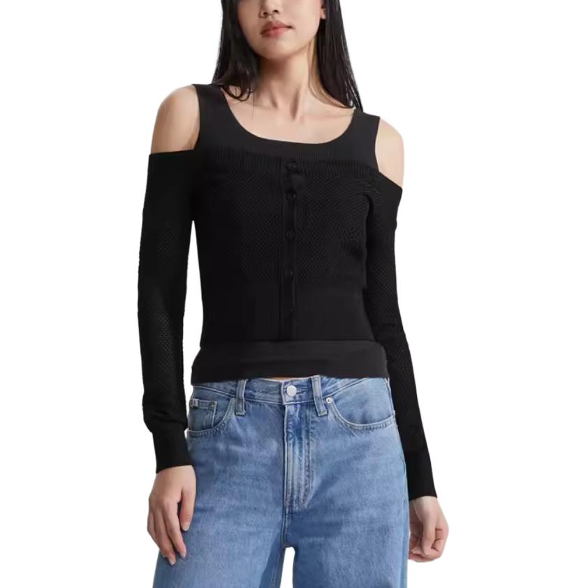 Calvin Klein Letter Logo Button Front Cardigan Women Tops Space-Black J222943-BEH
