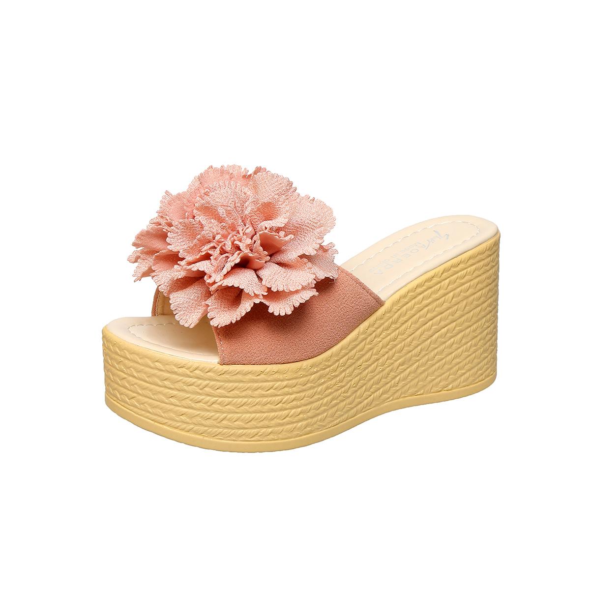 

Women Wedge Heels Slippers BabyPink Flower Sweet Mulers 9cm Platform Sandals Clog Shoe Slides Plus Size 43 43 рожевий