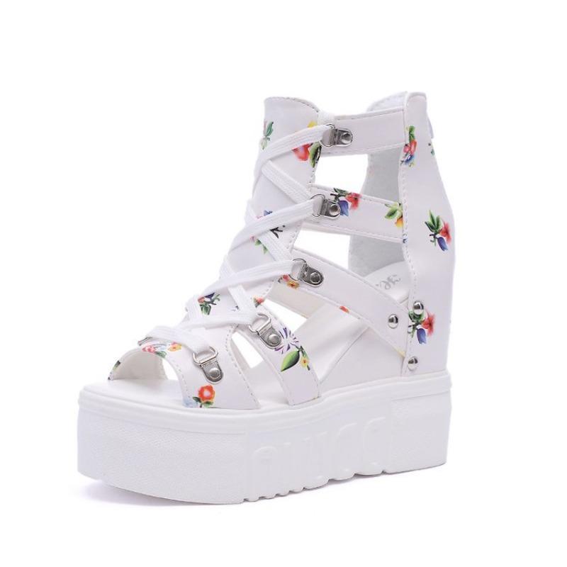 High Heel Women Sandals Thick Platform Wedge Heel Student Style Hollow Out Peep Toe Invisible Heightening Roman Sandals