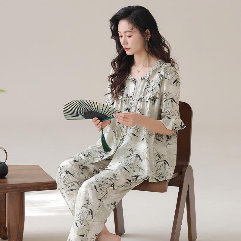 Pajamas Women's 1011 New Summer Thin Short-sleeved Tencel Court Style Large Size Can Be Worn Outside Loungewear Suit
