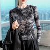 Temperament Tie-dye Crew Neck Mesh T-shirt New Early Autumn Inner Bottoming Shirt Slim and Thin Long-sleeved Top Women
