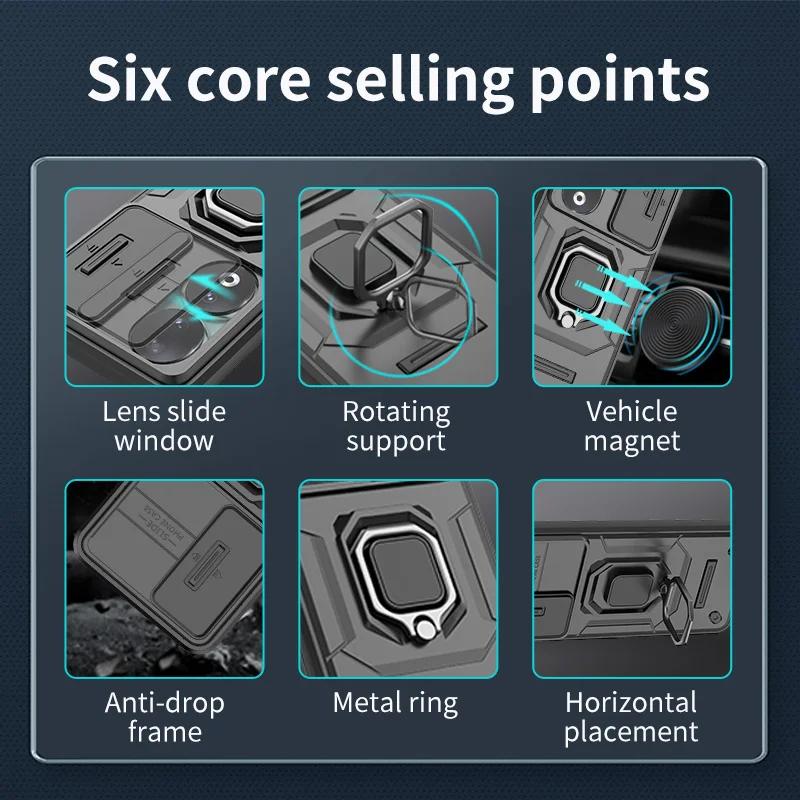 Slide Lens Camera Armor Case For OPPO Reno 12 Pro 11F 5G A60 4G Protective Cover Ring Magnetic Holder Shell Coque Fundas Capa