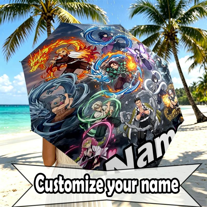 Custom Name Personalized Demon Slayer Print Umbrella, Auto Open Close, 8‑Rib Sturdy Frame, Commute Camping Hiking Use, Birthday Gift