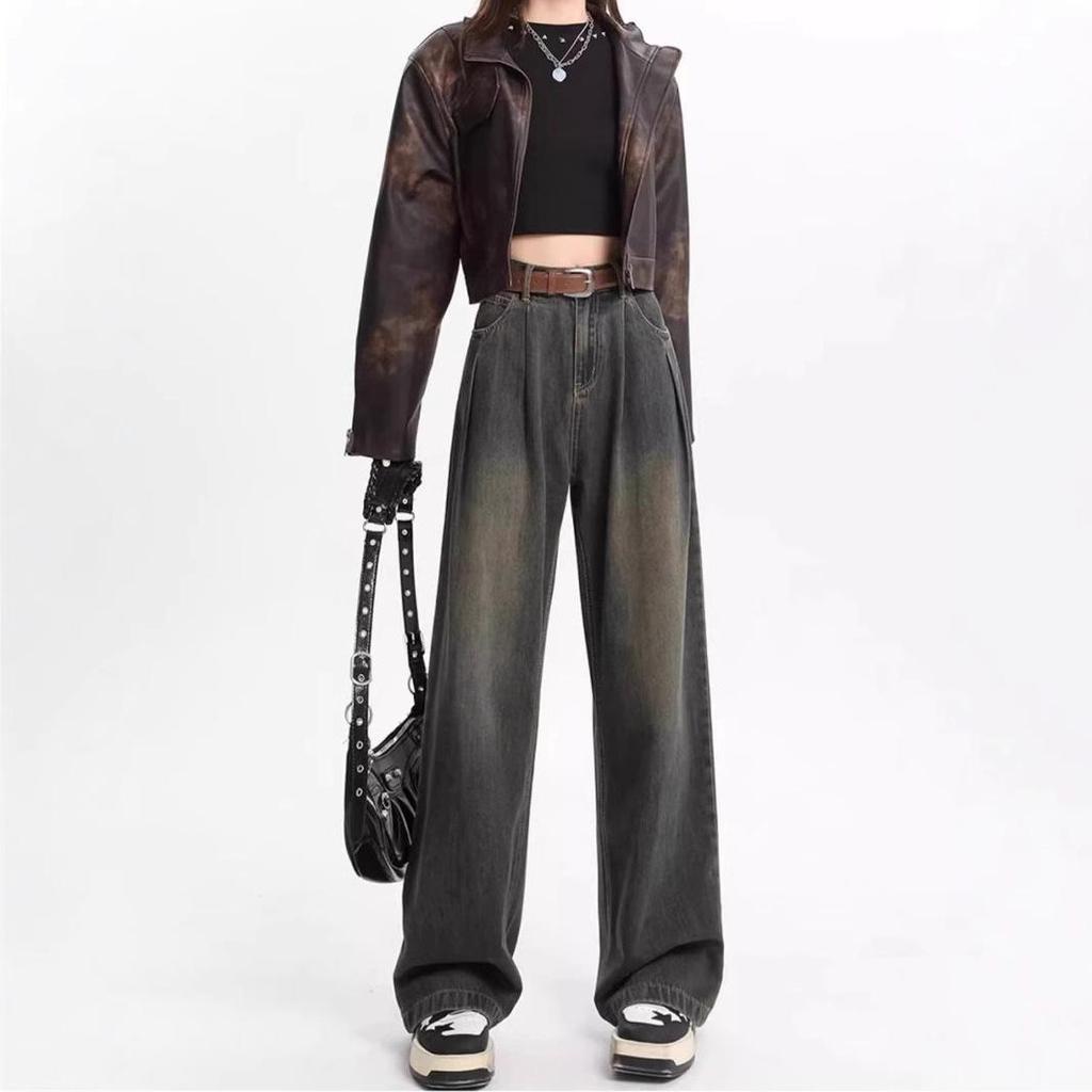 American Retro Women's High-Waisted Wide-Leg Jeans - Autumn/Winter Style Loose Drapey Mop Pants.