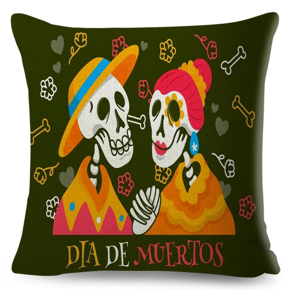 Day Of The Dead Pillowcase Decor Cartoon Mexico Flower Skull Print Cushion Cover for Sofa Home Polyester Pillow Case 45x45cm