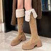 2025 Winter Velvet Warm Knee Boots Women's Retro Lapel Knight Boots Thick Heel Thick Sole Long Snow Boots