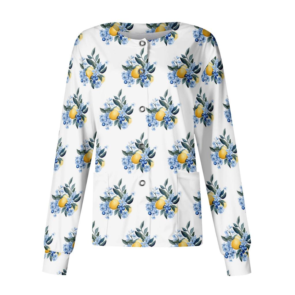 Women Long Sleeve Casual Cardigan Floral Print Button Front Lightweight Open Front Workwear Top