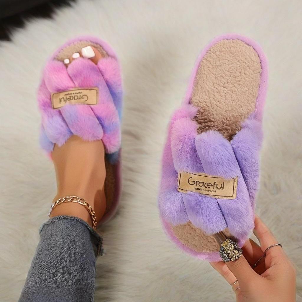 Теплые домашние тапочки Crisscross Fluffy мягкая подошва с открытым носком удобная обувь с плюшевой подкладкой нескользящие бесшумные тапочки для зимы и осени 40-41 990₽