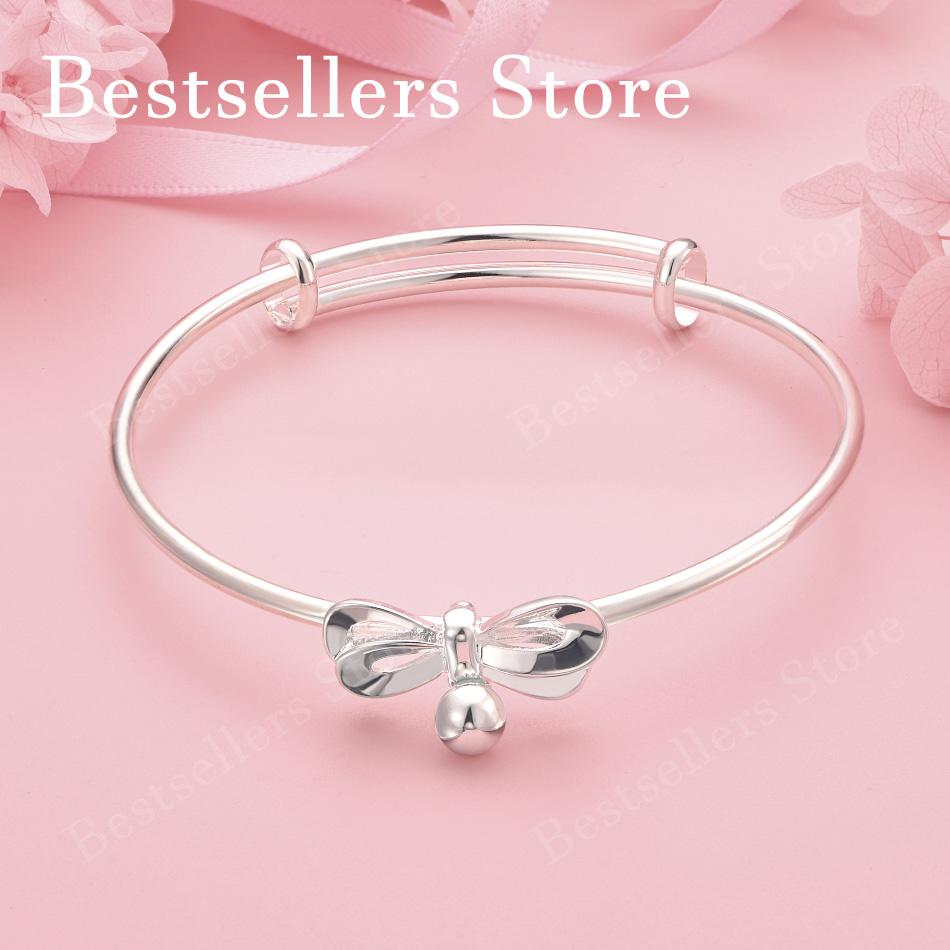 925 Sterling Silver Exquisite Bow Bell Adjustable Bangle for Women, Fashionable Wedding Party Jewelry