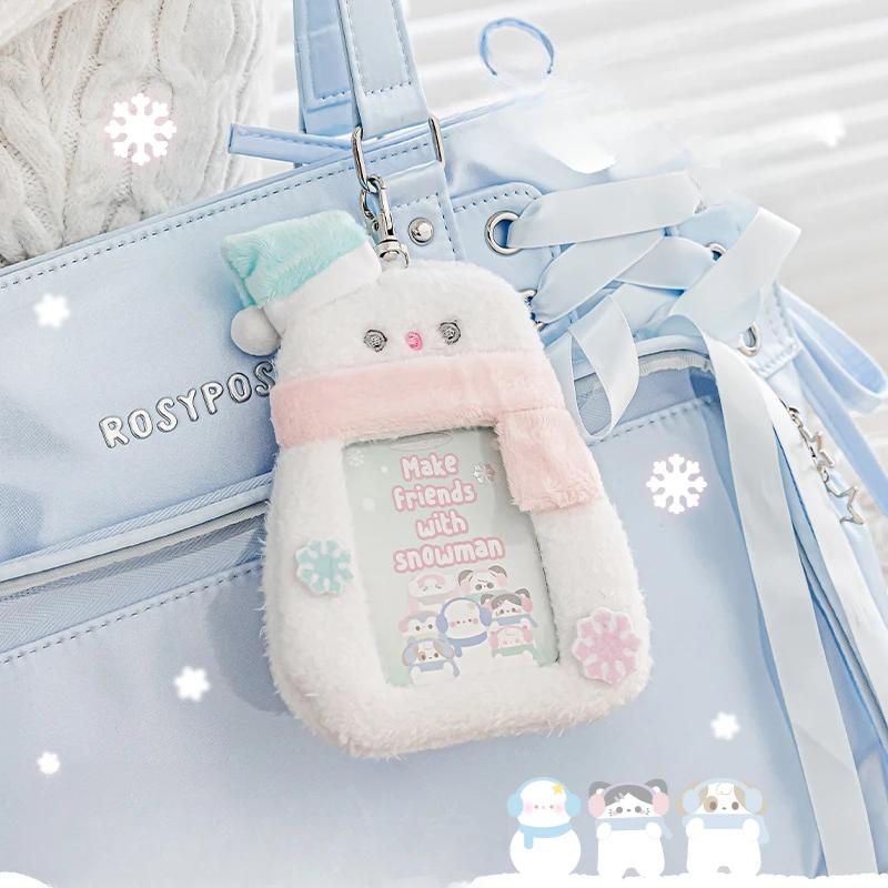 Plush Snowman Photocard Holder with Chain Cartoon Animal Photo Frame 3 Inch Kpop Photocard Sleeves for Girls Birthday Gifts 2025