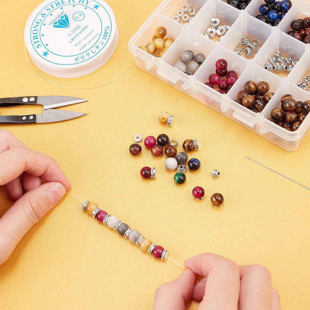 SUNNYCLUE 300 Kit 8mm Tigerauge Perlen Tigerauge Armband Chakra Armband Set Kraftperlen Heilperlen Energieperlen Reiki Armband Granitperlen Anhänger