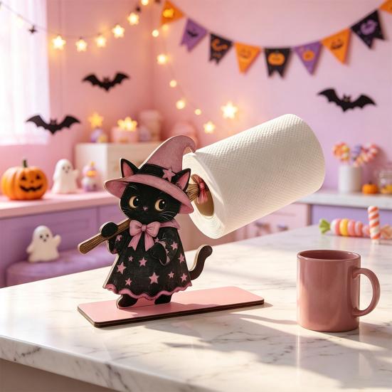 Kreativer Küchenarbeitsplatten-Ständer Halloween Schwarze Katze/Geist Rollenpapierhalter, Vertikaler Holz-Handtuchständer, Funktionale Feiertagshaus-Akzente
