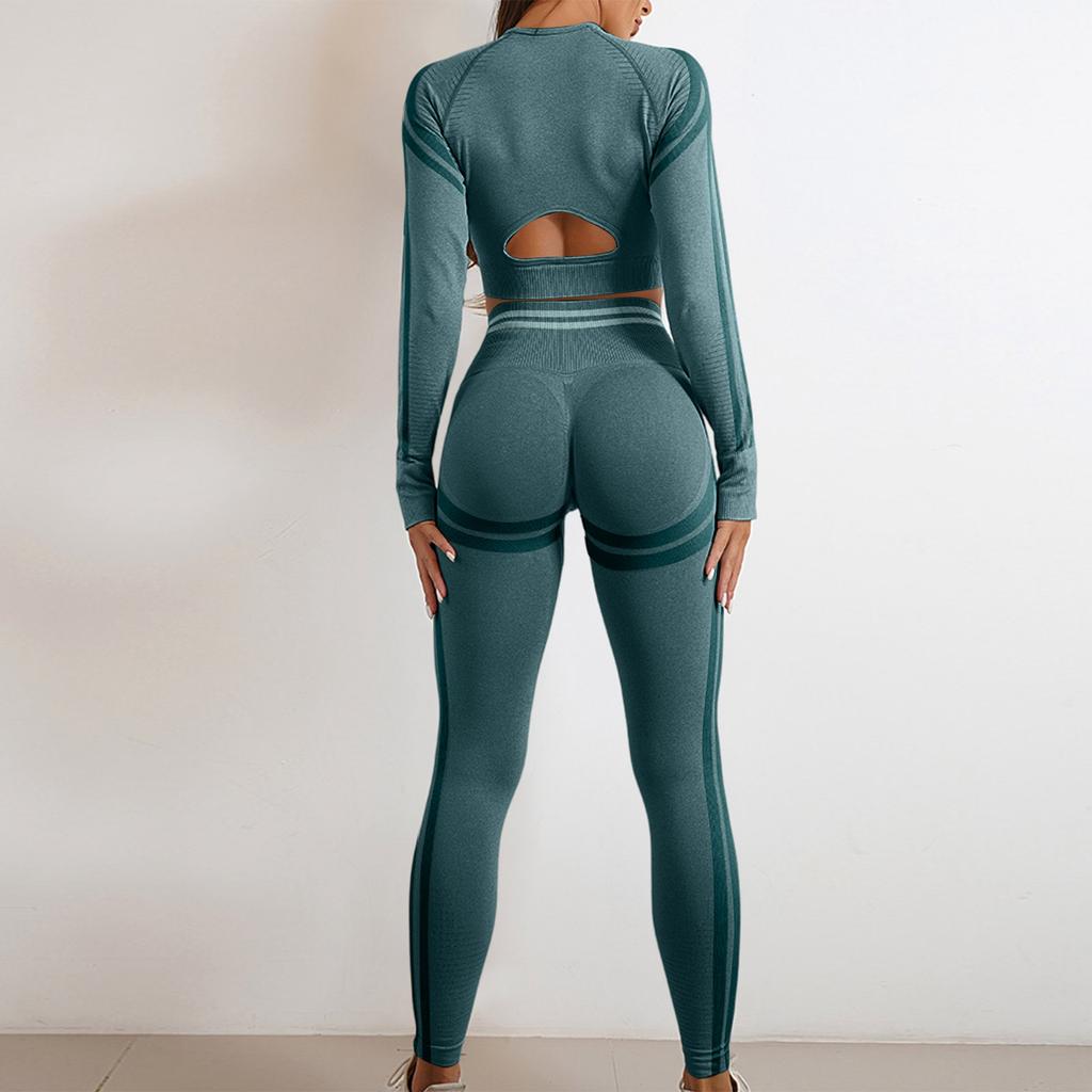 Women’s Seamless High Waist Leggings and Long Sleeve Crop Top Set Stretchy Workout Yoga Athletic Outfit