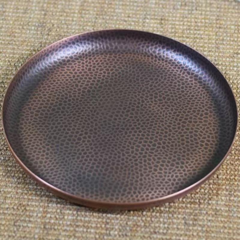 Round Shape Copper Fruit Tray,Retro Engraving Hammer Texture Household Portable Food Plate,Snack Plate Table Wedding Decoration