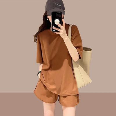 Set Sport Casual de Vară pentru Femei 2025 Costum Culoare Solidă coreean simplu Topuri cu Mânecă Scurtă Largi și Pantaloni Scurți Set Două Piese