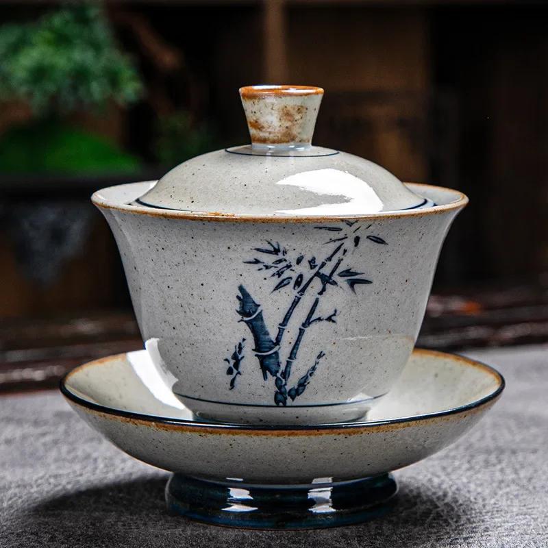 Vintage Firewood Hand Painted Gaiwan, Ceramic Blue and White Ceremony Bowl, Kung Fu Tea Set, Stoneware Brewing Cover, Tureen