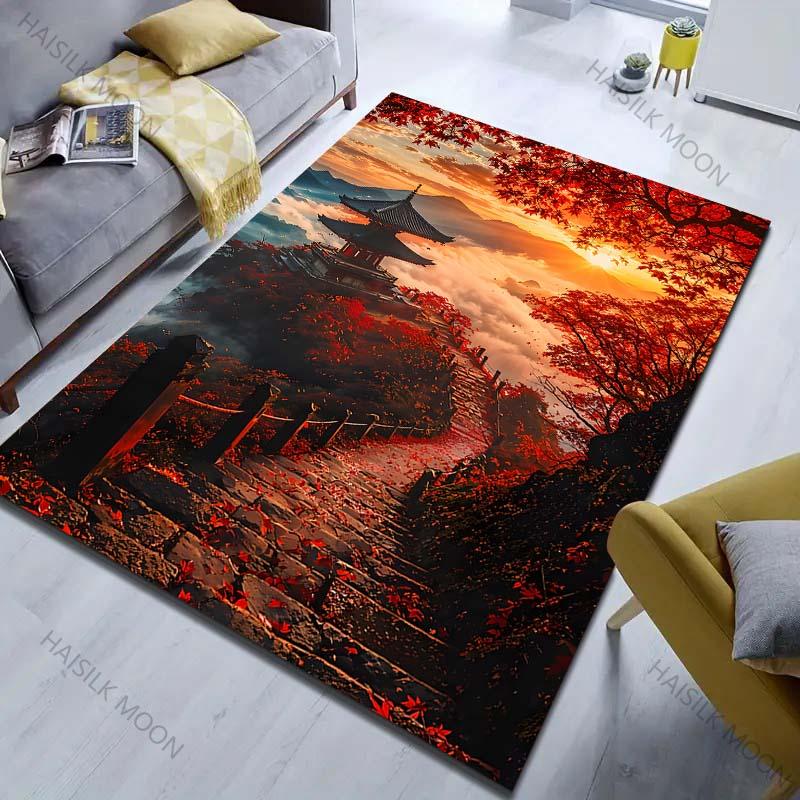 1PC Autumn Temple In Red Leaves Carpet for Living Room Bedroom Sofa Home Decor Rus Non-slip Floor Mat Luxury Gift