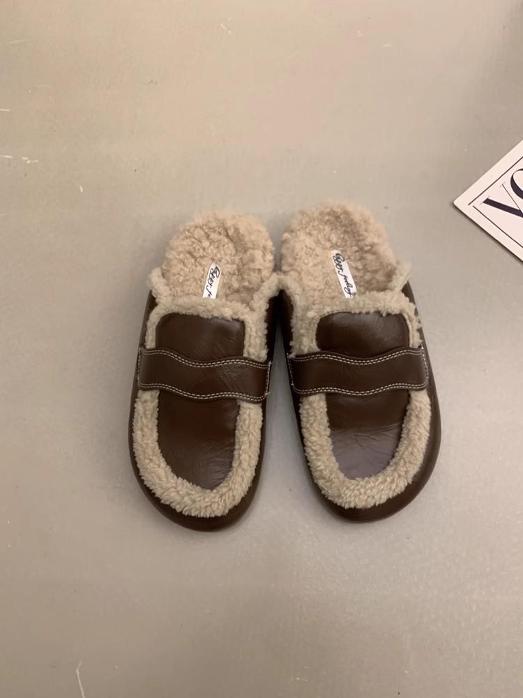 

Lamb wool bun head half slippers women wear versatile platform lazy shoes 2024 one-pedal women s shoes 40 темно-коричневого кольору