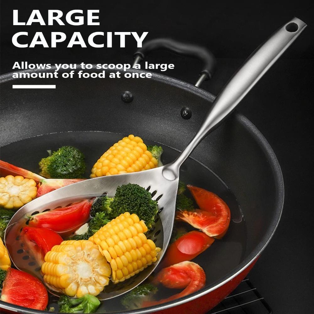 Stainless Steel Slotted Skimmer Spoon with Anti-Slip Wood Handle – Heat-Resistant, Thickened Pasta Spider Strainer